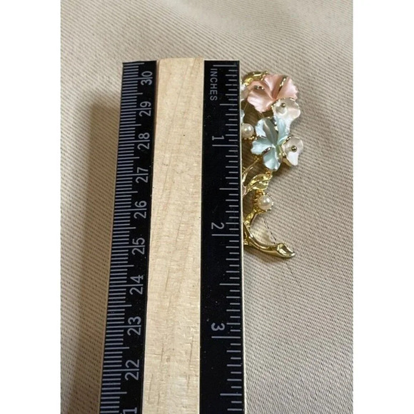 Pastel Enamel Violets Floral Flower Gold Tone Pink Blue Faux Pearls Brooch‎ Pin - Picture 5 of 5